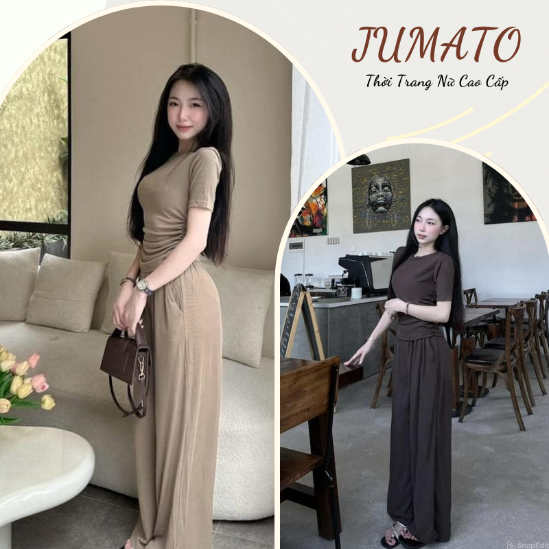 Set đồ nữ áo thun body tay ngắn kèm quần dài ống rộng cạp cao Jumato, đồ bộ nữ phong cách dạo phố th