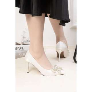 Giày Cao Gót 7cm Phối Nơ Đính Đá Pixie E249