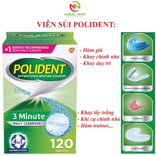 Viên sủi ngâm làm sạch và vệ sinh hàm giả răng giả hàm tháo lắp, vệ sinh khay chỉnh nha Polident 120 viên vị bạc hà