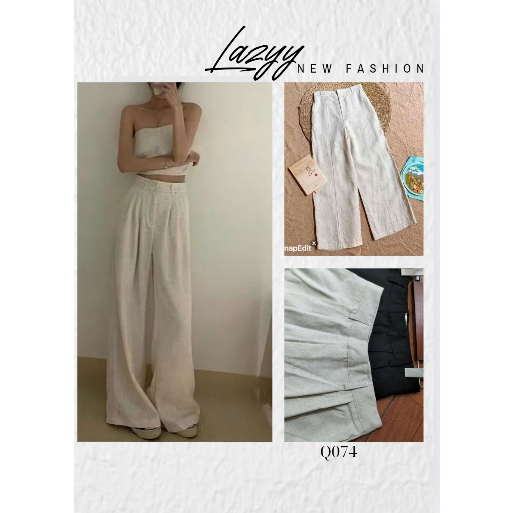 [Q074]Quần linen dài nữ cạp cao ống rộng xếp ly, quần ống xuông rộng vải linen