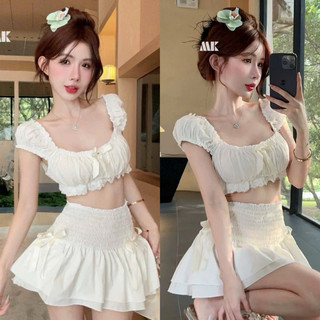 Set Bộ Trắng Áo CÚP NHÚN TAY HẾN CROPTOP + Chân Váy Nhún Eo Đính Nơ Xoè Có Lót Quần