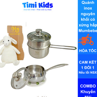 Nồi nấu cháo ăn dặm có xửng hấp Mumbebe size 14cm 16cm, Quánh inox nguyên khối nấu bếp từ đồ ăn dặm dùng mọi loại bếp