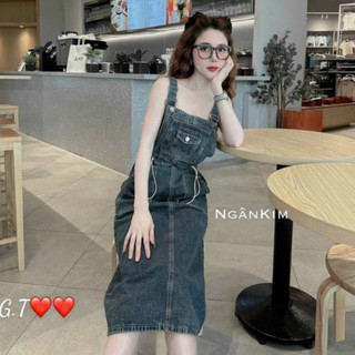  Đầm Yếm Jean Hai Dây Dáng Dài Rút Dây Eo Xẻ Tà Sau 2 Tone Màu Nữ Tính Nhẹ Nhàng Style Trẻ Trung Năng Động Hot Hit 