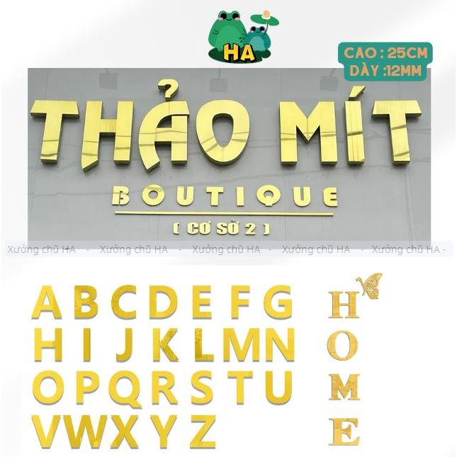 Cao 25cm + nổi 12mm Chữ Alu Vàng Gương LOẠI CAO CẤP, chữ alu dán tường, dán biển quảng cáo