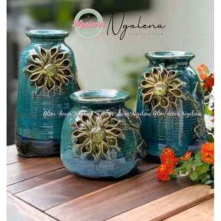 Bộ Bình cắm hoa lọ hoa đắp nổi hoa hướng dương men xanh hoả biến