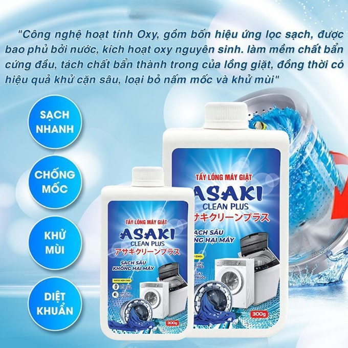 Bột Vệ Sinh Lồng Máy Giặt ASAKI Chính Hãng 300g, Tẩy Các Vết Bẩn Tích Tụ, Nấm Mốc, Tẩy Mốc Gioăng Cao Su