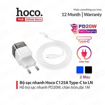 Bộ sạc nhanh Typec to IP PD20W 3.0A Hoco C125A 1 cổng Type-C dùng cho ip11/12/13/14 dài 1m ,chân tròn