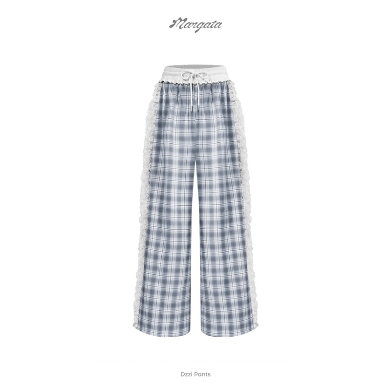 Quần dài sọc caro xanh phối trắng đính ren Mangata (DZZI PANTS)