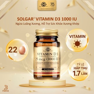 [HSD 05/2025] Viên Uống Solgar Vitamin D3 1000 Iu - Ngừa Loãng Xương, Hỗ Trợ Sức Khỏe Xương Khớp [Lọ 90 Viên]