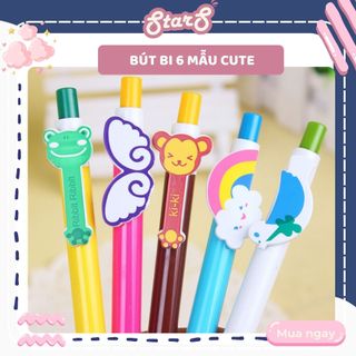 Bút bi cute màu xanh 6 mẫu gấu mèo cầu vồng dễ thương
