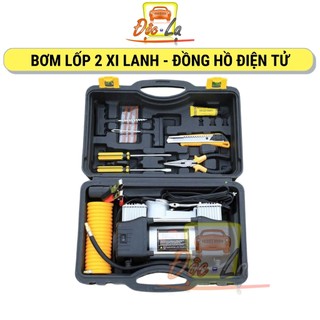 Bơm lốp ô tô 2 xi lanh công suất cao, có hộp + bộ dụng cụ 12vdc