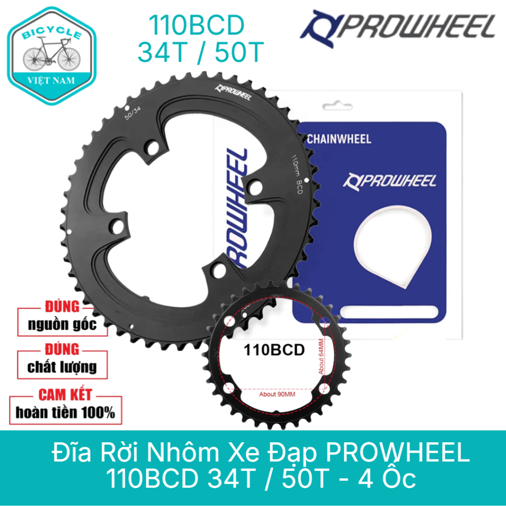 Đĩa Rời Nhôm Xe Đạp PROWHEEL 110BCD 34T / 50T – Loại 4 Ốc, Hợp Kim Nhôm Bền Bỉ
