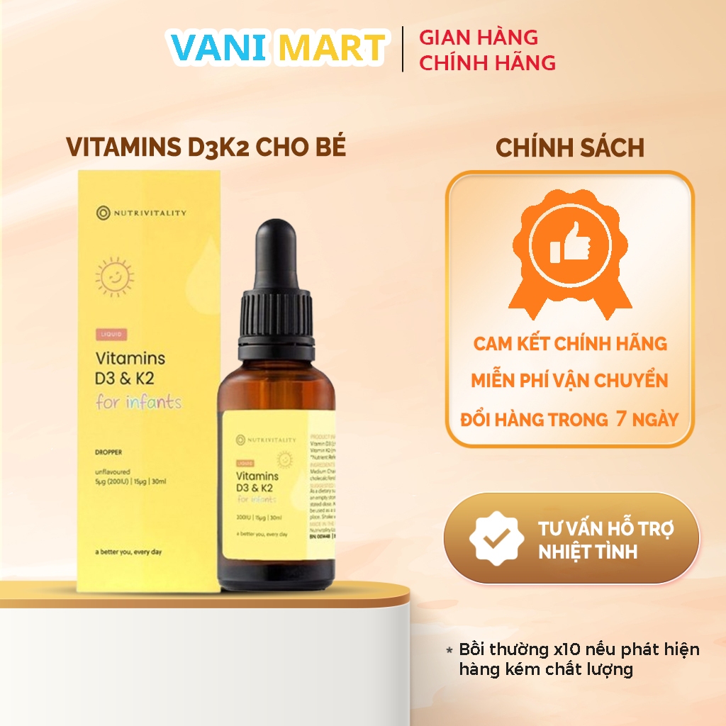 Vitamin D3K2 MK7 Nutrivitality của Anh Quốc giúp bé phát triển chiều cao, tăng đề kháng 30ml