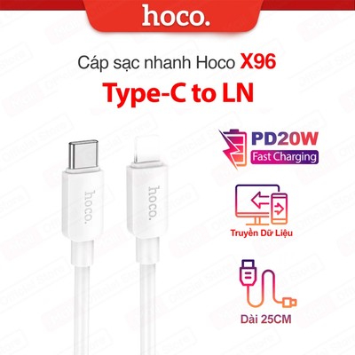 Cáp sạc nhanh PD20W Hoco X96 Typec to IP dùng cho ip10/11/12/13pro/14promax truyền dữ liệu nhỏ gọn tiện lợi, dài 25cm