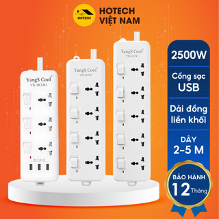 Ổ cắm điện 2500W HOTECH chống giật chống cháy an toàn dây 5M phích cắm 2 chấu công tắc nguồn riêng biệt từng ổ OD29H