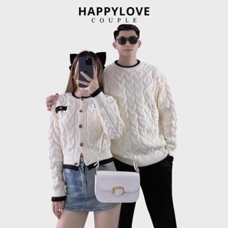 Áo len đôi nam nữ HAPPYLOVE cổ tròn màu trắng kem phối viền đen thời trang cho cặp đôi M144