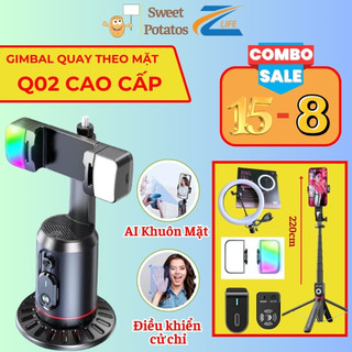 Gimbal chống rung Q02 nhận diện khuôn mặt, Gậy chụp ảnh thông minh điều khiển bằng cử chỉ dùng camera AI, Tặng Kèm Đèn