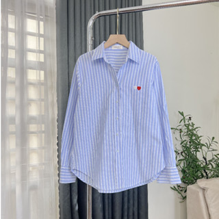 Áo Sơ Mi Kẻ Sọc To Trơn Form Rộng Chất Cotton Dày Dặn Freesize Thêu Tim Đôi Women Top