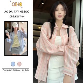 [ A01 ] Áo sơ mi kiểu nữ dài tay kẻ sọc pastel  chất đũi 2 màu xinh Qiho