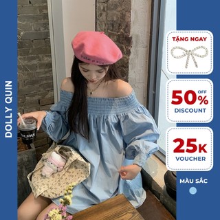 Váy babydoll trễ vai dài tay chun vai đầm tiểu thư trễ vai tay dài xanh da trời D007 thời trang thu đông Dolly Quin