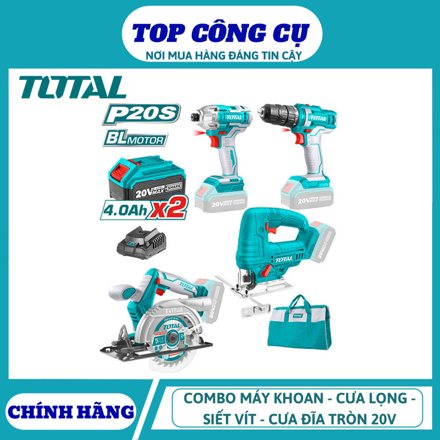 TOTAL Bộ combo 4 máy gồm cưa đĩa tròn,cưa lọng,siết vít và khoan dùng pin 20V TCKLI20104