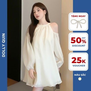 Đầm voan mỏng 2 lớp mùa hè kem, váy đi biển chữ A khoét vai dài tay buộc nơ gáy D10 Dolly Quin