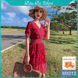 Váy maxi lửng dáng xòe, họa tiết thổ cẩm nổi bật, chất dày đẹp, đầm nữ vintage cổ chữ V, váy đi biển du lịch đẹp | MX012