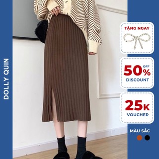 Chân váy nữ dáng dài xuông chân váy chữ a len tăm xẻ tà sau thời trang thu đông CV020 Dolly Quin