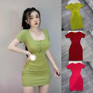 Đầm body cổ tim nhúm ngực đính nút cực xinh , chất thun gân mềm mịn mk