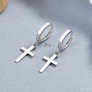 Khuyên tai tròn nam bạc 925 thiết kế hình chữ thập thánh giá trơn unisex, cá tính (1 chiếc) KN127 | GEMY SILVER