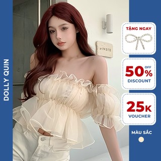 Áo trễ vai nữ tay phồng nhún ngực chất voan tơ 2 lớp màu kem mềm mại bồng bềnh phong cách nữ tính A009 Dolly Quin