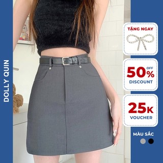 Chân váy đen chữ a chân váy xám ngắn vải thô dày có lót trong kèm thắt lưng da CV003 Dolly Quin