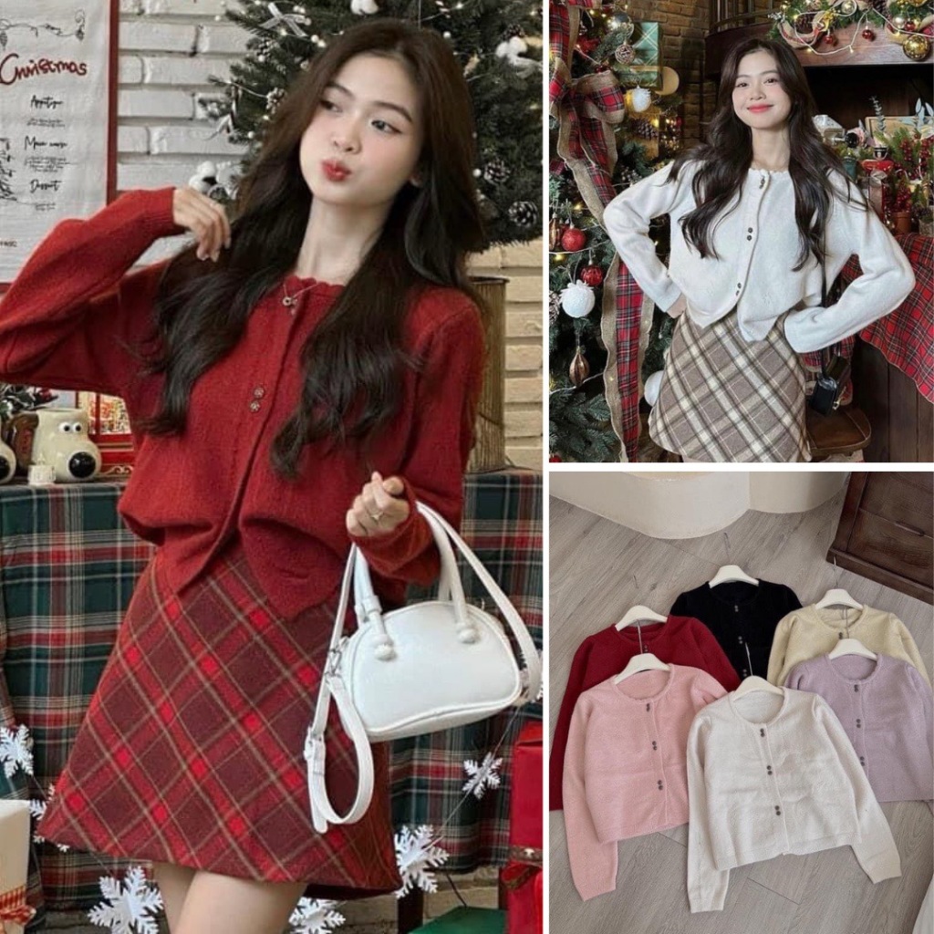 Áo khoác len QCCC cadigan cúc hoa dài tay cổ tròn chất mềm HÀN QUỐC LACO264