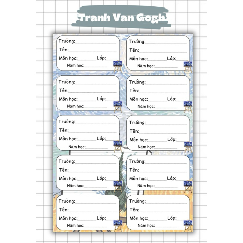 Set 10 nhãn vở Tranh Van Gogh ( In thông tin theo yêu cầu )
