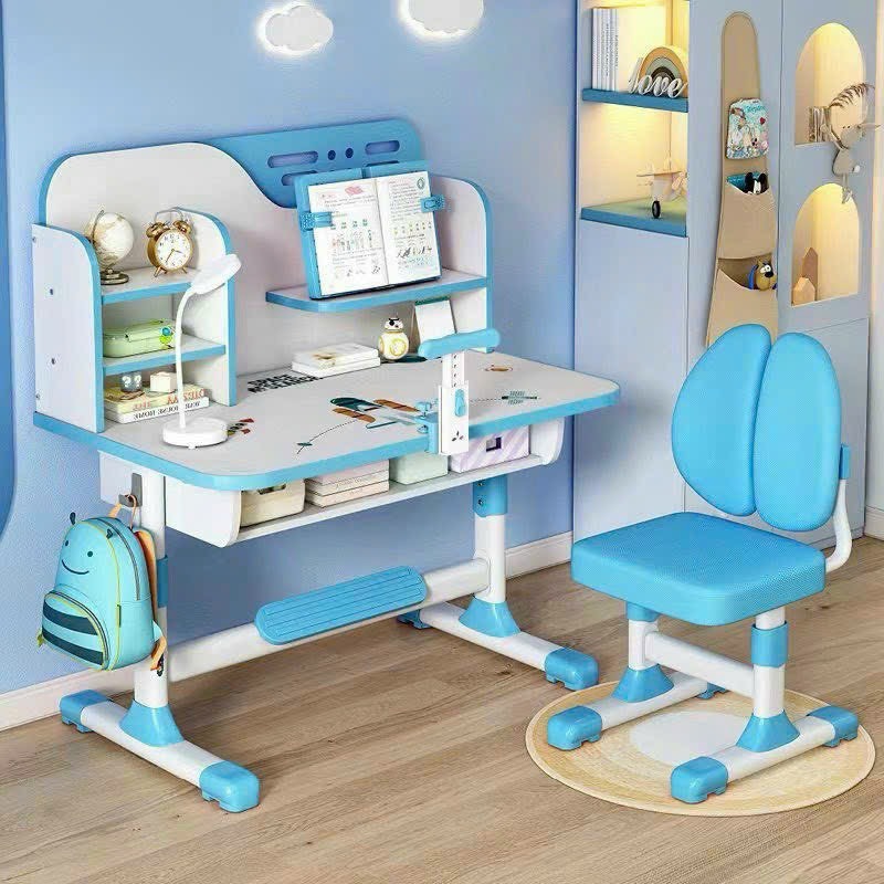 Bộ bàn học cho bé mã  180, bàn học chống gù size lớn 80cm  nâng hạ độ cao tặng kèm Giá sách, Đèn bàn