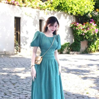 Váy đầm maxi xanh tay bồng nhẹ nhún thân eo đơn giản dễ thương mặc đi làm, đi chơi, đi du lịch, đi biển