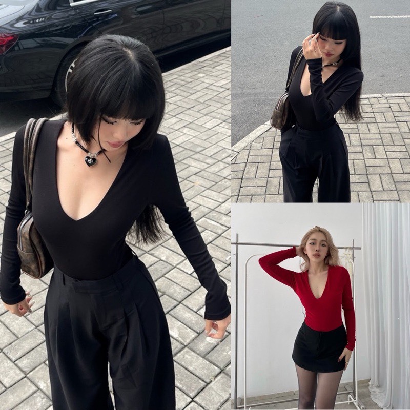 Áo Tay Dài Cổ Tim chất cotton ôm body tôn dáng - Áo thun nữ đẹp cổ V | BigBuy360 - bigbuy360.vn