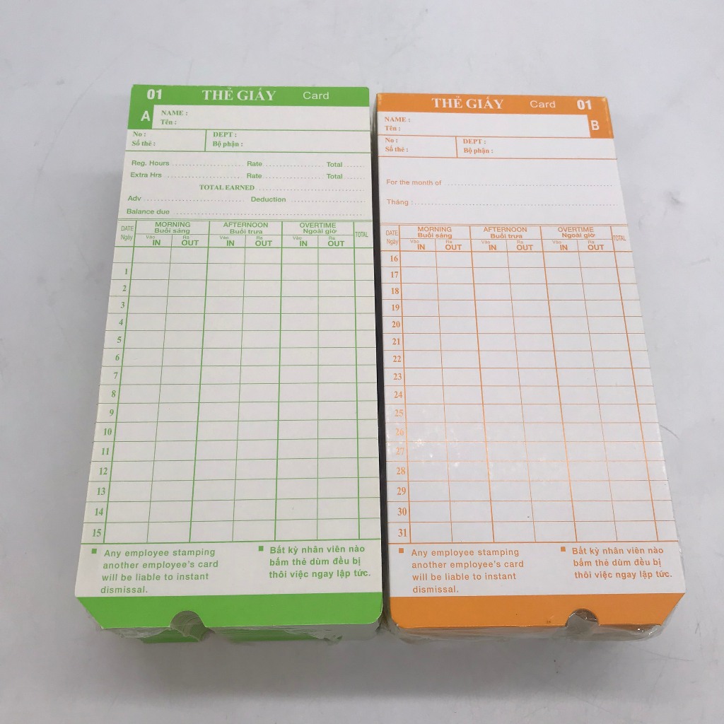 Thẻ giấy máy chấm công 7500A/D,2200,3300 ( Xấp 100 thẻ )