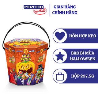Hộp kẹo (bao bì trái bí Halloween) hỗn hợp gồm kẹo cứng, kẹo mềm, kẹo mút,dẹo dẻo Chupa Chups, Alpenliebe, Mentos 297.5G