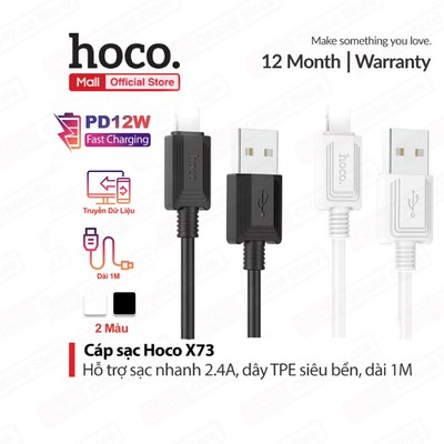 Cáp sạc Hoco X73 USB to IP PD12W hỗ trợ truyền dữ liệu dùng cho ip7/8/X/11/12/13/14 dây dẻo siêu bền dài 1M