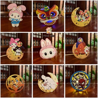 [Full box in màu] Bộ kit đèn lồng trung thu gỗ truyền thống diy bé tự tô màu tặng màu tô, đèn trung thu gỗ in màu