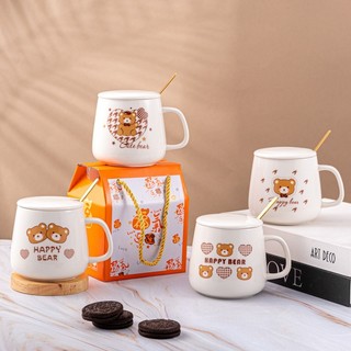 Cốc ly sứ Happy Bear kèm thìa, túi quà Cốc Cốc dùng làm quà tặng, uống nước, trà, cà phê