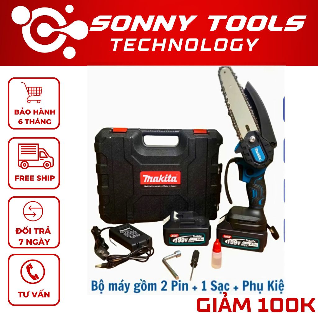 Máy cưa xích pin cầm tay Makita máy cưa gỗ mini dùng pin, cưa xích pin mạnh mẽ bền bỉ