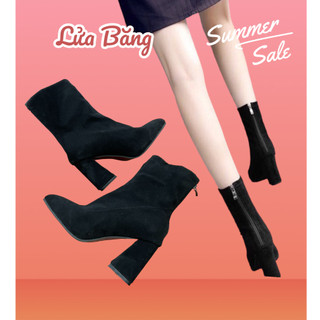 Boot nữ da lộn cao cổ khóa cạnh boot lửng thu đông gót vuông khoá cạnh và boot len gót gương 187.9019
