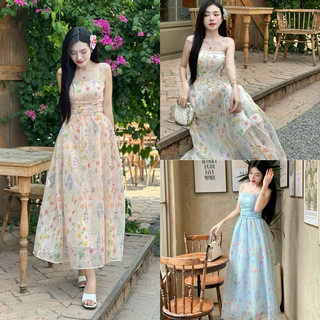 Đầm voan hoa midi cổ vuông