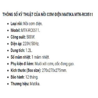 THANH LÝ NỒI CƠM ĐIỆN MATIKA MTK-RC05-HÀNG CHÍNH HÃNG
