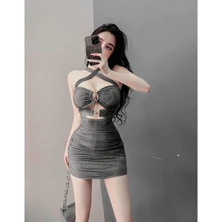 đầm 2 khoen yếm chéo cỗ chất gân sexy cực hot hit có mút đen xám