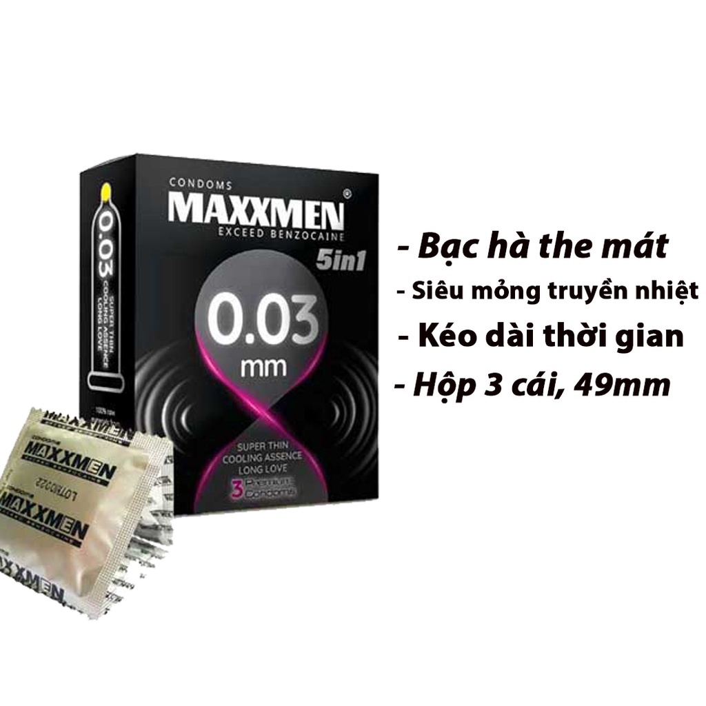Bao cao su 49mm Maxxmen 0.03 5in1 siêu mỏng size nhỏ chống xuất tinh sớm kéo dài thời gian quan hệ