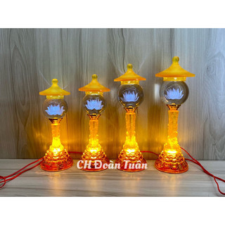 Cặp đèn thờ quả cầu pha lê mái chùa thân có đèn phát sáng-đèn cầu sen pha Lê