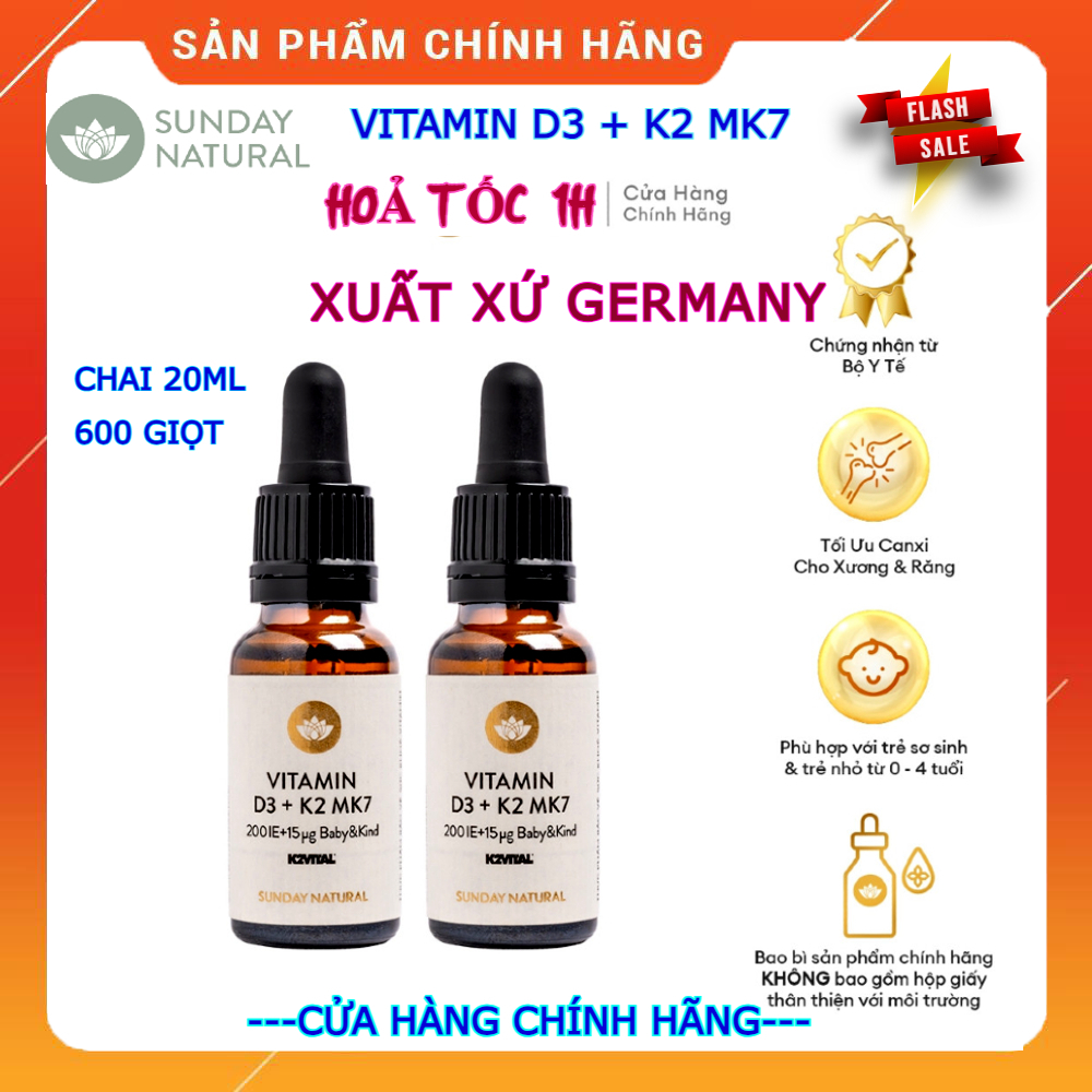 (HoảTốc1h) Vitamin D3 K2 MK7 Sunday Natural Của Đức 20ml 600 giọt - Tăng hấp thụ canxi giúp bé cao l
